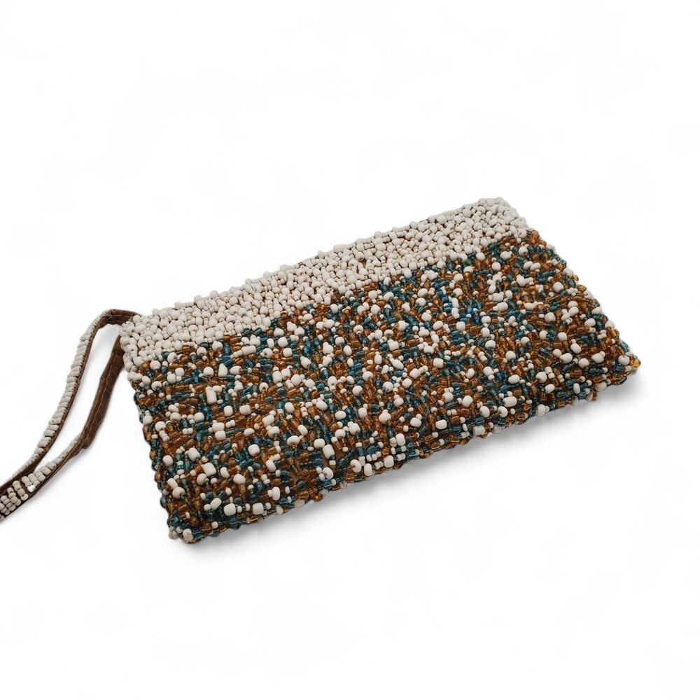 Vintage beaded clutch bag turquoise, cream, dark blue, amber beads READ